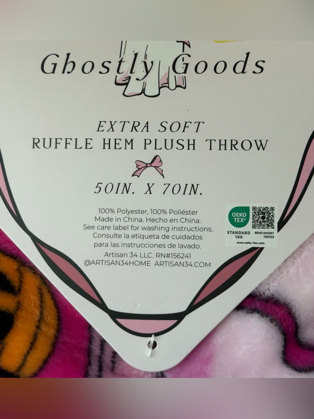 Pink ruffle Halloween throw blanket bows ghosts coffee skeleton vintage style - Picture 13 of 14